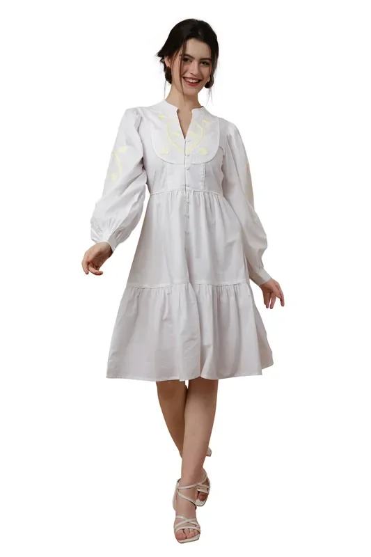 Lace Inserts And Centre Front Button Opening With Peasant Sleeves Tiered Dress – Off White, Small to 3X-Large