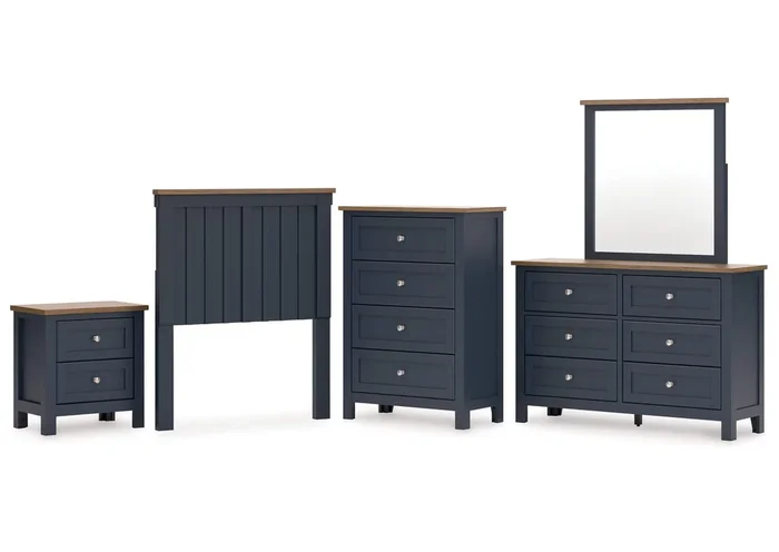 Landocken Twin Panel Headboard with Mirrored Dresser, Chest and Nightstand