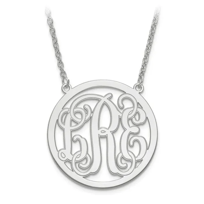 Laser Etched Outline Monogram Circle Pendant with Chain 14k White Gold XNA565W