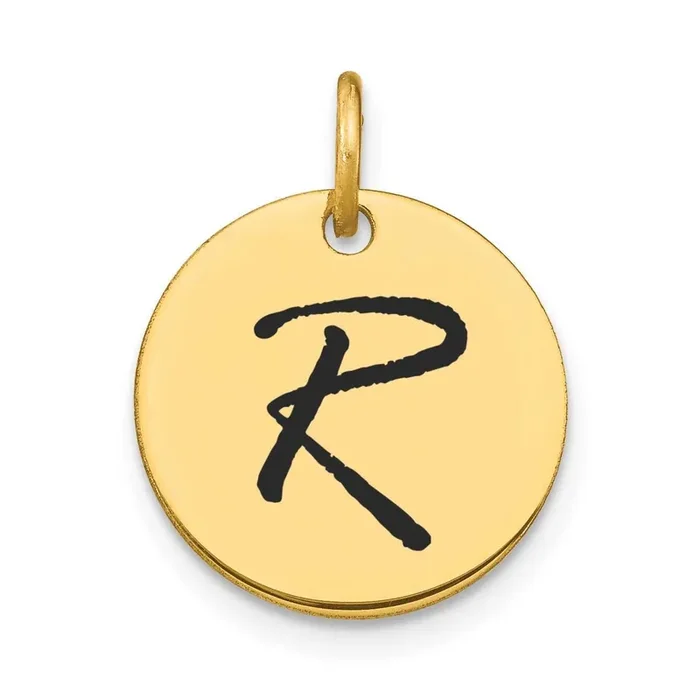 Letter R Black Epoxy Initial Disk Charm 14k Gold Polished YC1436R