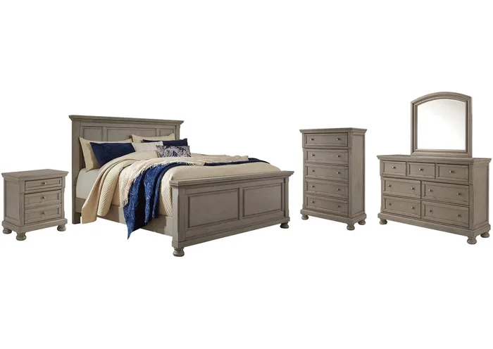 Lettner Queen Panel Bed with Mirrored Dresser, Chest and Nightstand