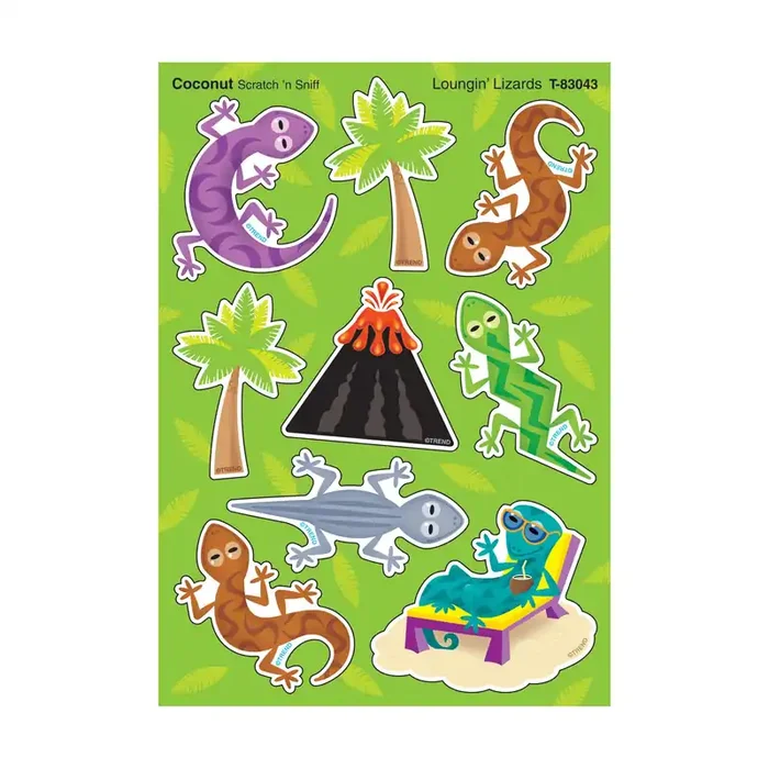 Loungin’ Lizards, Coconut scent Scratch ‘n Sniff Stinky Stickers® – Mixed Shapes