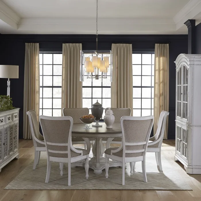 Magnolia Manor – 7 Piece Round Ped Table Set – White