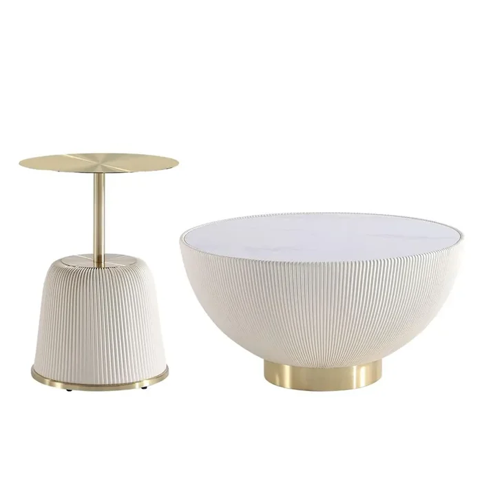 Manhattan Comfort – 2-Piece Anderson Leatherette Coffee Table and End Table 1.0 with Stainless Steel Legs in Cream – 2-AT02-CR