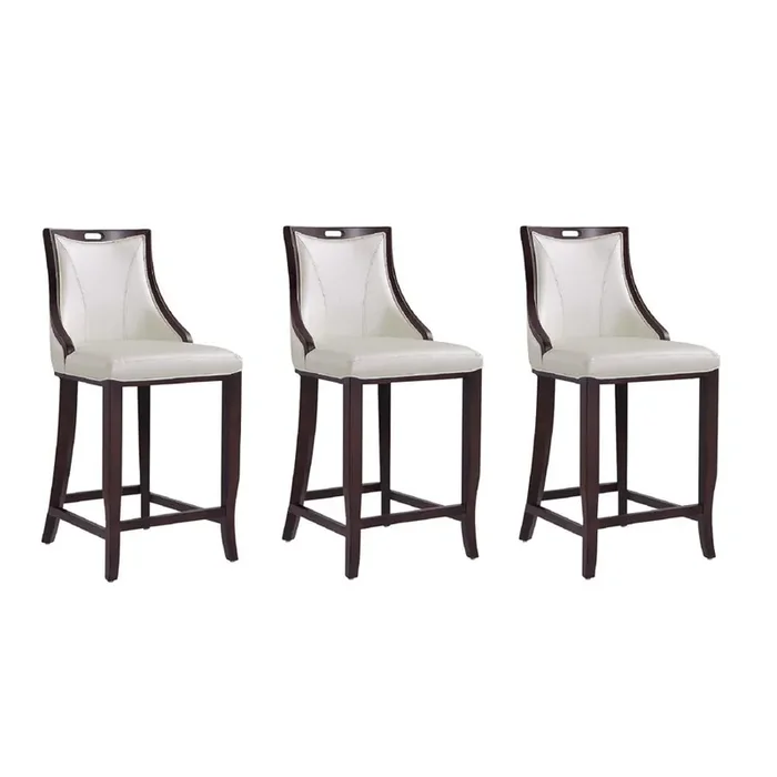 Manhattan Comfort – Emperor Faux Leather Bar Stool with Beech Wood Legs in Pearl White and Walnut – Set of 3 – 3-BS008-PW