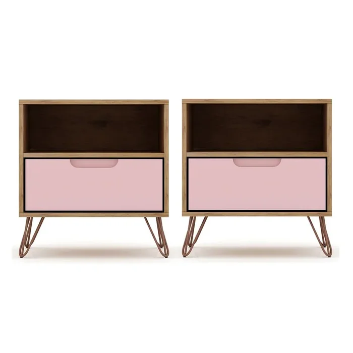 Manhattan Comfort – Rockefeller Nightstand with 2 Drawers in Nature and Rose Pink – Set of 2 – 2-101GMC6