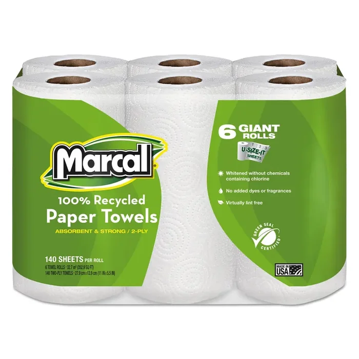 Marcal® 100% Premium Recycled Kitchen Roll Towels, 2-Ply, 11 x 5.5, White, 140/Roll, 6 Rolls/Pack