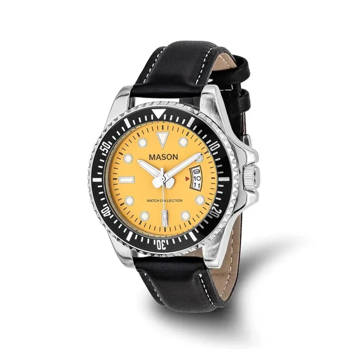 Mason Sales Black Leather BYellow Dial Watch Stainless Steel XWA6535