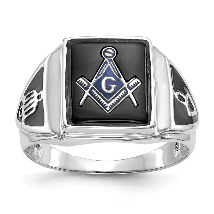 Men‘s Polished Antiqued & Textured Onyx Masonic Ring 14k White Gold Y4098WM