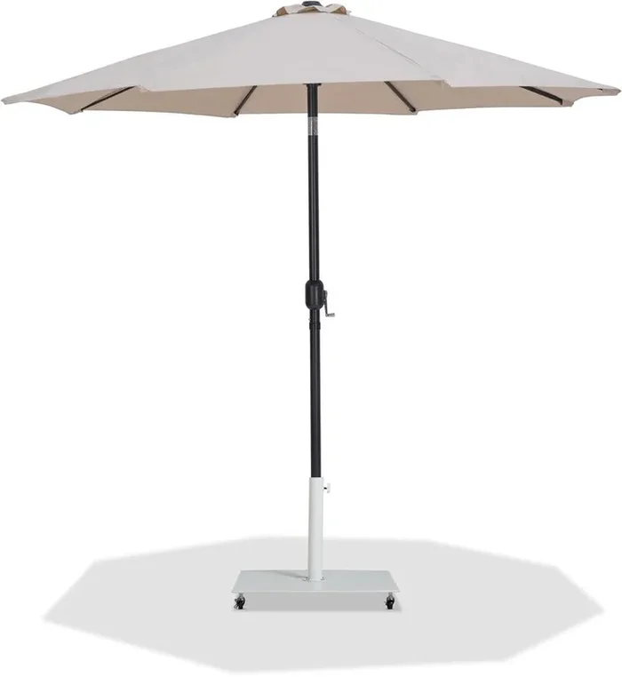 Meridian Furniture – Fiji Beige Fabric / Matte White Aluminum Patio Umbrella with Base Sets – 55016Beige-AW