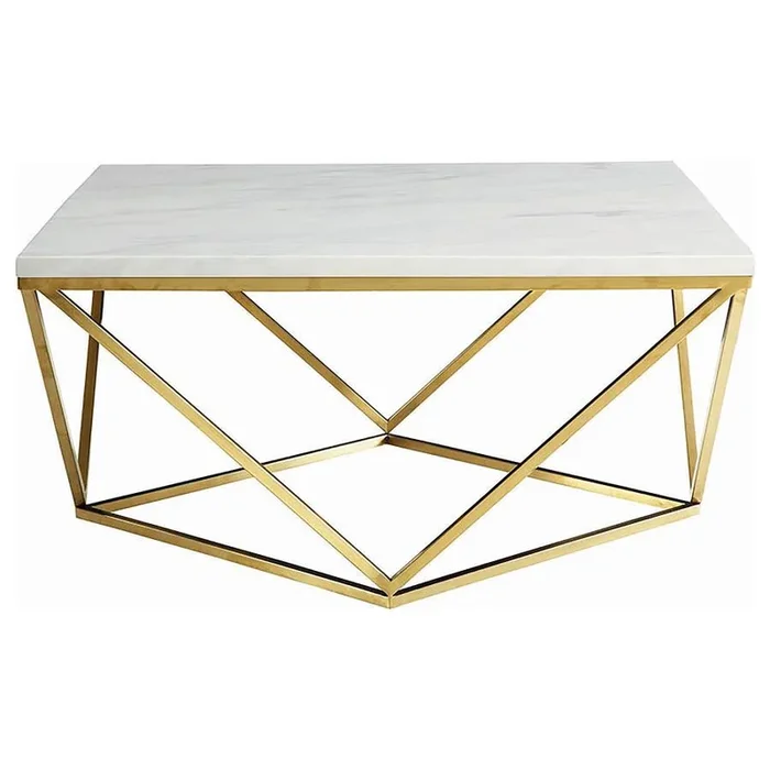 Meryl Square White Faux Marble Coffee Table with Gold Electroplated Metal Frame, Modern Geometric Design, Contemporary Living Room Accent