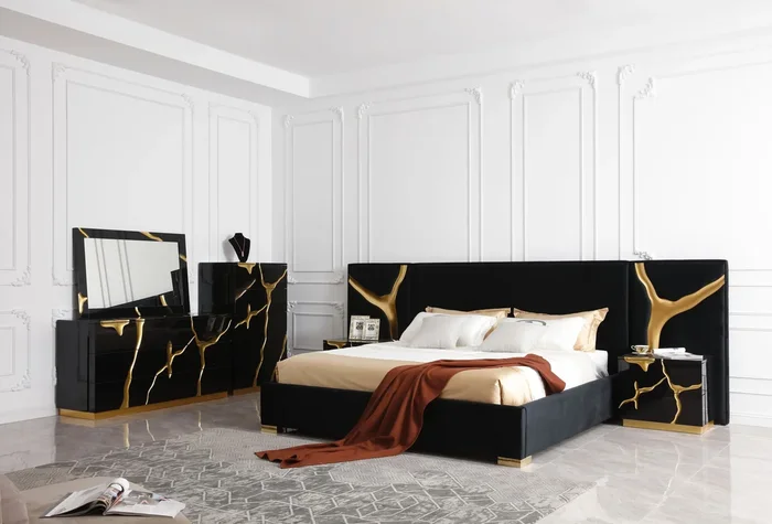 Modrest Aspen Eastern King Modern Black With Gold Bed With Nightstands