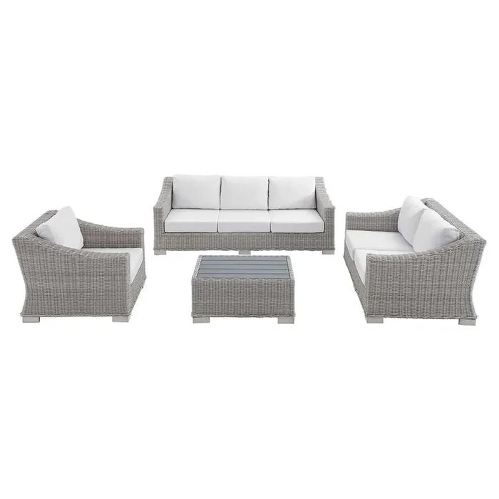 Modway – Conway Sunbrella Outdoor Patio Wicker Rattan 4-Piece Furniture Set in Light Gray White – EEI-4355-LGR-WHI