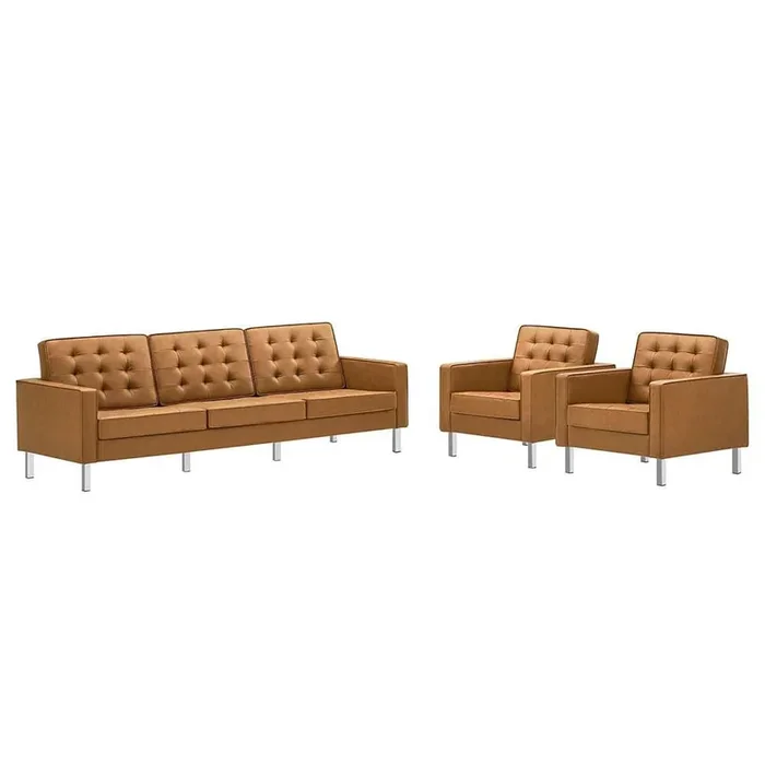 Modway – Loft Tufted Vegan Leather 3-Piece Furniture Set in Silver Tan – EEI-4105-SLV-TAN-SET