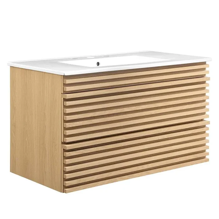 Modway – Render 36in Wall-Mount Bathroom Vanity – EEI-4436-OAK-WHI