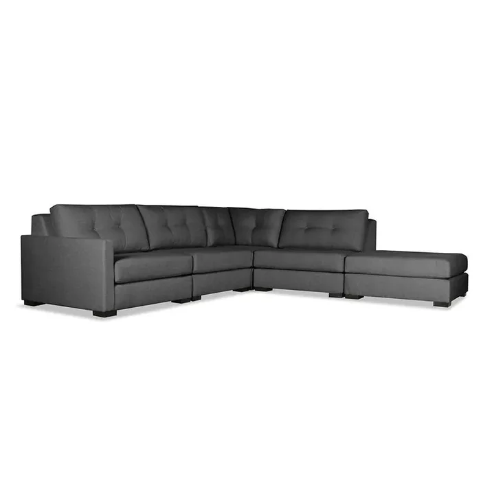 Nativa Interiors – Chester Buttoned Modular L-Shaped Sectional Left Arm 121in Facing with Ottoman Charcoal – SEC-CHST-BTN-CL-AR2-5PC-PF-CHARCOAL