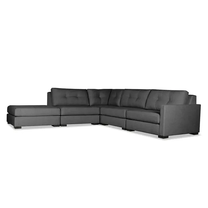 Nativa Interiors – Chester Buttoned Modular L-Shaped Sectional Right Arm Facing 128in with Ottoman Charcoal – SEC-CHST-BTN-DP-AR1-5PC-PF-CHARCOAL