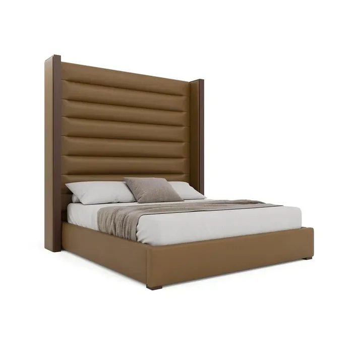 Nativa Interiors – Irenne Horizontal Channel Tufted Eco-Leather High 87in King Caramel Bed – BED-IRENNE-HC-HI-KN-VIN-CARAMEL