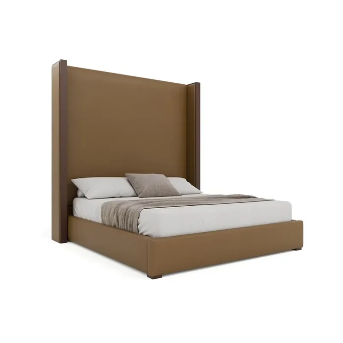 Nativa Interiors – Irenne Plain Eco-Leather High 87in King Caramel Bed – BED-IRENNE-PL-HI-KN-VIN-CARAMEL