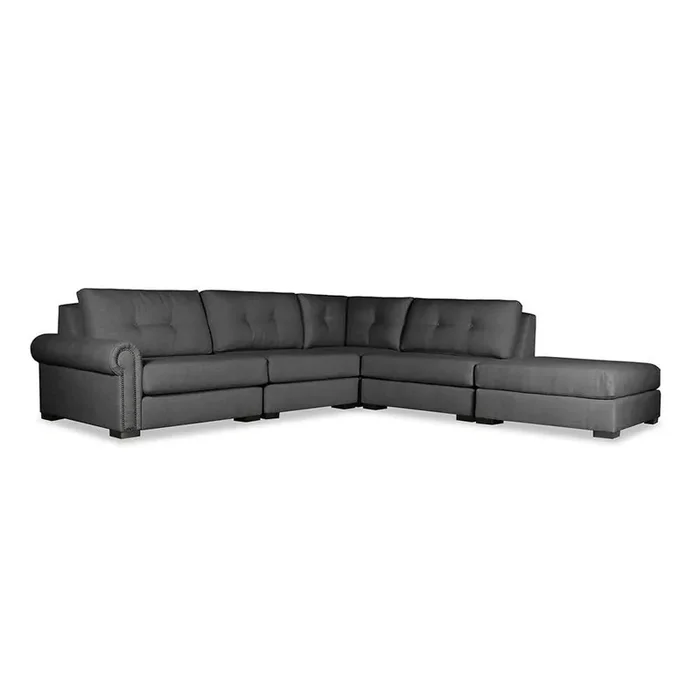 Nativa Interiors – Sylviane Buttoned Modular L-Shaped Sectional Left Arm Facing 128in with Ottoman Charcoal – SEC-SYLV-BTN-DP-AR2-5PC-PF-CHARCOAL