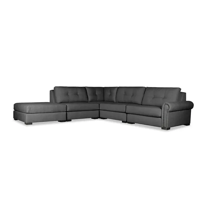 Nativa Interiors – Sylviane Buttoned Modular L-Shaped Sectional Right Arm Facing 121in with Ottoman Charcoal – SEC-SYLV-BTN-CL-AR1-5PC-PF-CHARCOAL