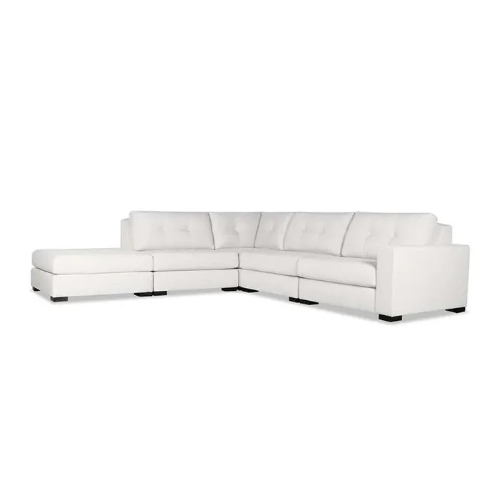 Nativa Interiors – Veranda Buttoned Modular L-Shaped Sectional Right Arm Facing 128in with Ottoman Off White – SEC-VRND-BTN-DP-AR1-5PC-PF-WHITE