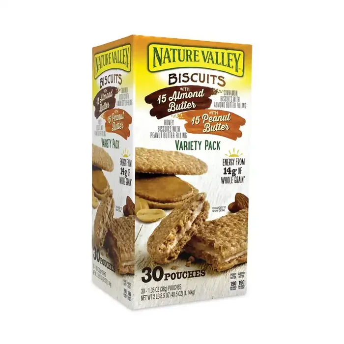 Nature Valley® Biscuits, Cinnamon with Almond Butter/Honey with Peanut Butter, 1.35 oz Pouch, 30/Carton