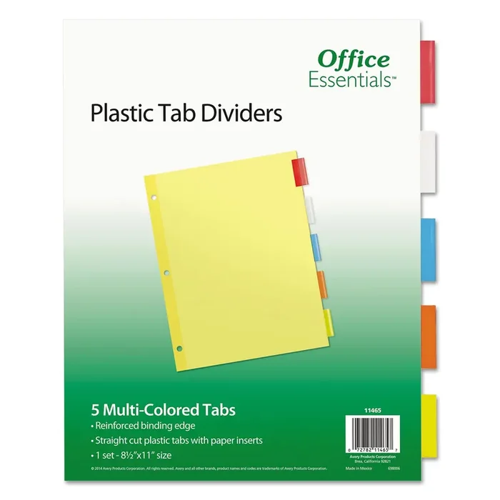 Office Essentials™ Plastic Insertable Dividers, 5-Tab, 11 x 8.5, Assorted Tabs, 1 Set