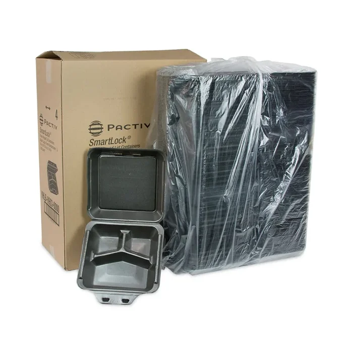 Pactiv Evergreen SmartLock Foam Hinged Lid Container, Large, 3 Compartments, 9 x 9.5 x 3.25, Black, 150/Carton