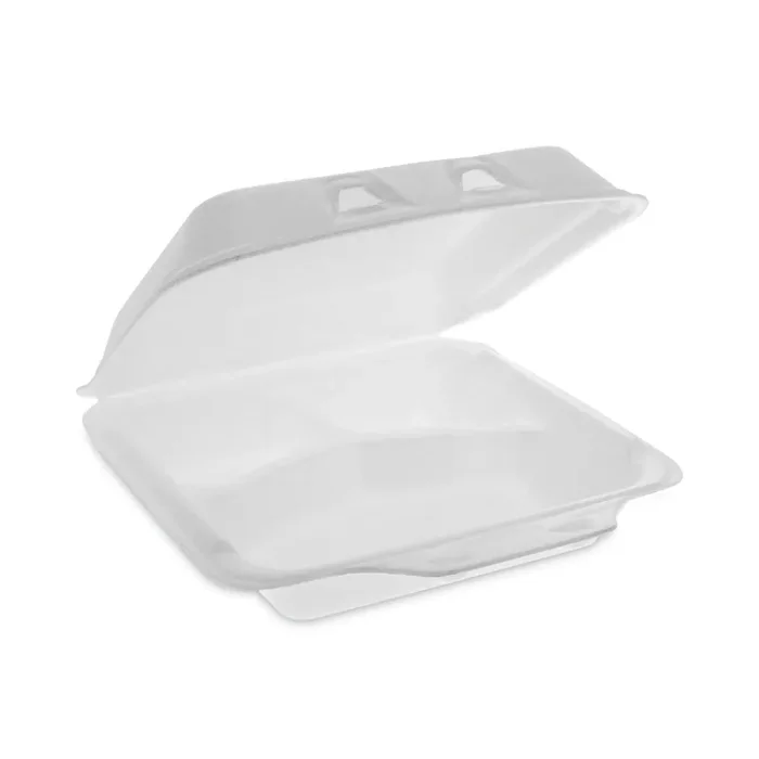 Pactiv Evergreen SmartLock Foam Hinged Lid Container, Small, 3 Compartments, 7.5 x 8 x 2.63, White, 150/Carton