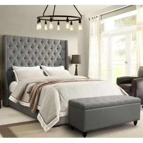 Park Avenue Eastern King Tufted Bed with Vintage Wing in Grey Linen