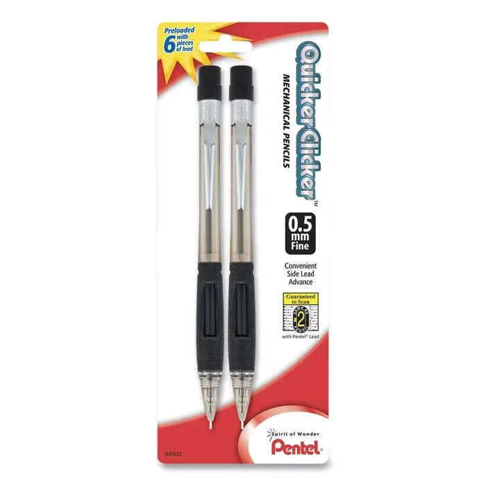 Pentel® Quicker Clicker Mechanical Pencil, 0.5 mm, HB ( 2), Black Lead, Smoke/Black Barrel, 2/Pack