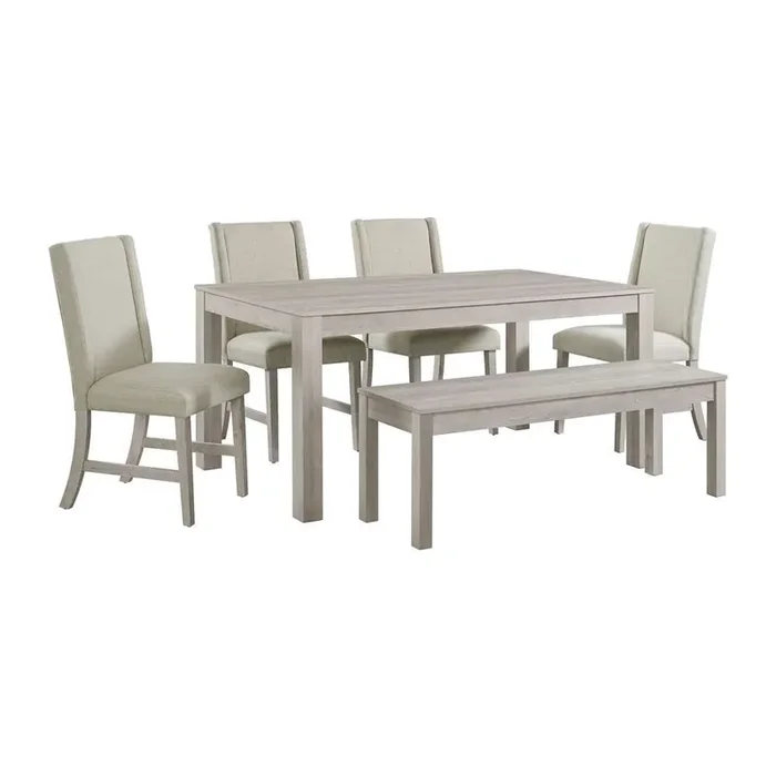 Picket House Furnishings – Holmes 6PC Standard Height Dining Set in White-Rectangular Table, Four Chairs & Bench – D-6460-3-DT-6PC