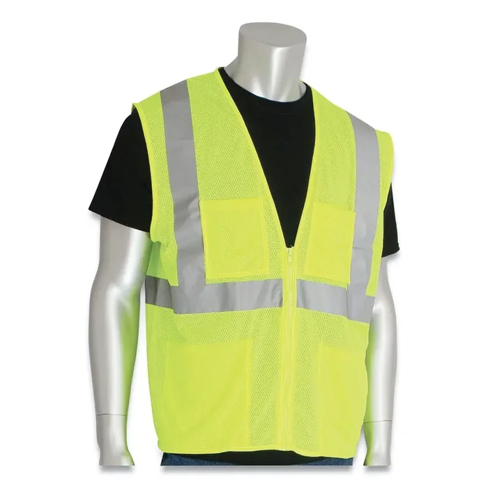 PIP ANSI Class 2 Four Pocket Zipper Safety Vest, Polyester Mesh, 4X-Large, Hi-Viz Lime Yellow