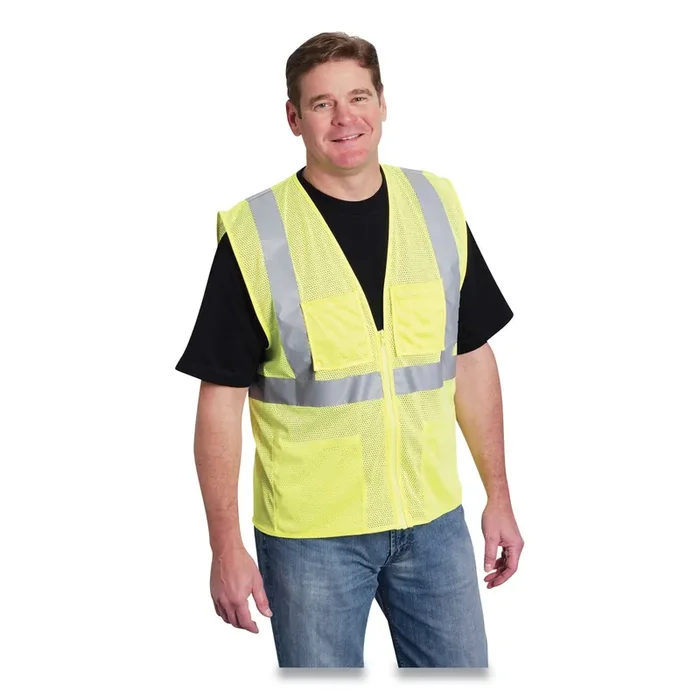 PIP ANSI Class 2 Four Pocket Zipper Safety Vest, Polyester Mesh, Large, Hi-Viz Lime Yellow