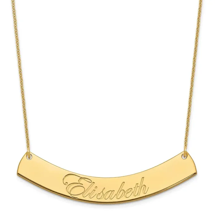 Polished Curved Edwardian Script Bar Necklace 14k Gold Large XNA1227Y