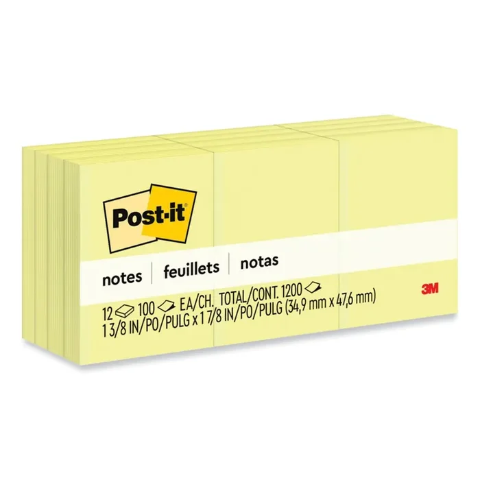 Post-it® Notes Original Pads in Canary Yellow, 1.38″ x 1.88″, 100 Sheets/Pad, 12 Pads/Pack