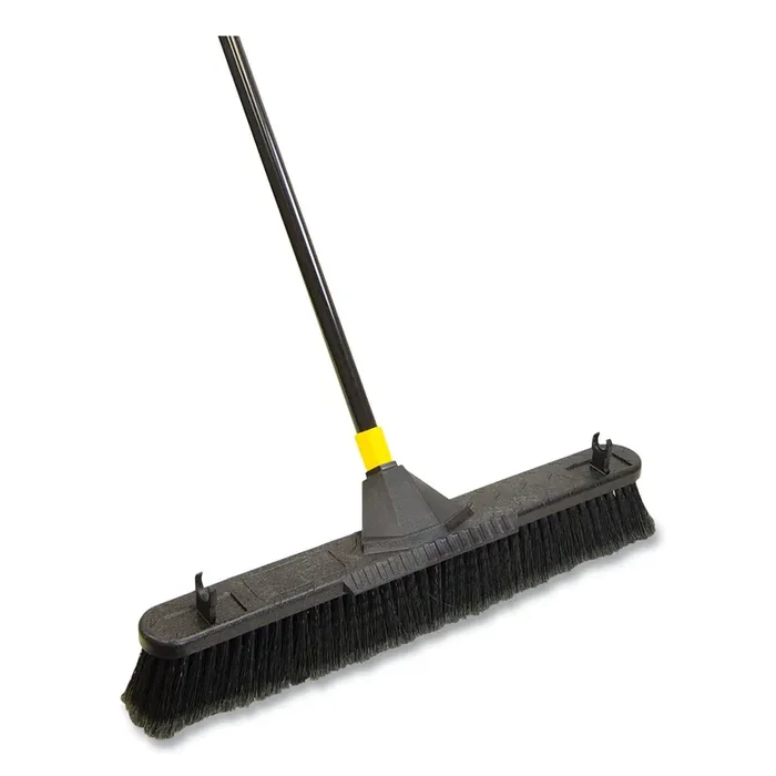 Quickie® Bulldozer Smooth Surface Pushbroom With Scraper Block, 24 X 60, Powder Coated Handle, Tampico Bristles, Black/yellow