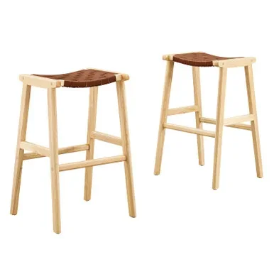 Saoirse Leather Wood Bar Stool Set of 2 / EEI-6549