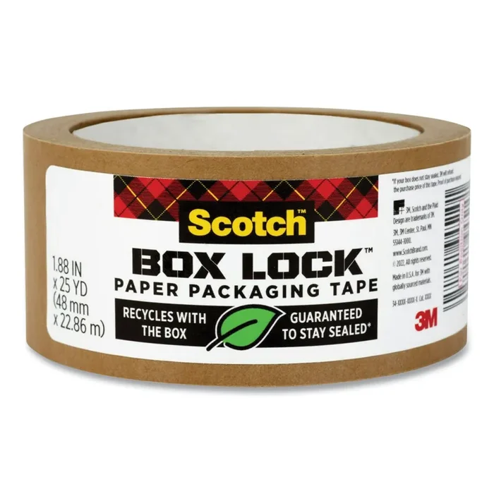 Scotch® Box Lock Paper Packaging Tape, 3″ Core, 1.88″ x 25 yds, Brown
