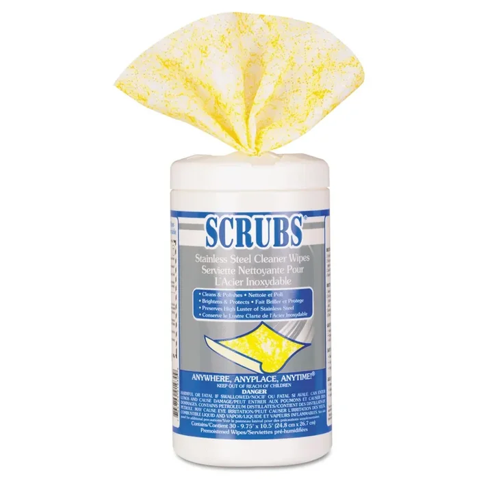 SCRUBS® Stainless Steel Cleaner Towels, 1-Ply, 9.75 x 10.5, Lemon Scent, 30/Canister