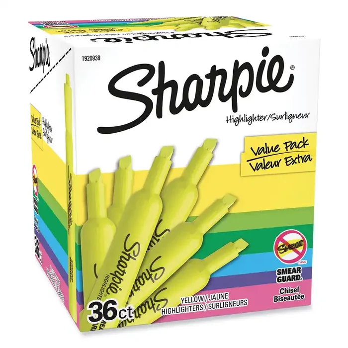 Sharpie® Tank Style Highlighter Value Pack, Fluorescent Yellow Ink, Chisel Tip, Yellow Barrel, 36/box