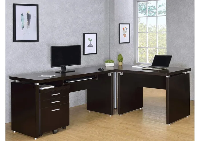 Skylar L-Shape Desk with Mobile File Cabinet Cappuccino