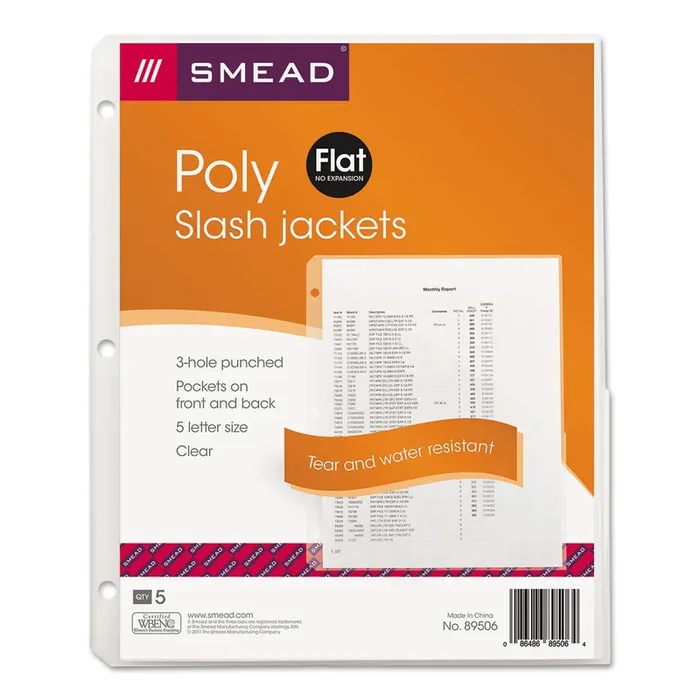 Smead Organized Up Poly Slash Jackets, 2-Sections, Letter Size, Clear, 5/pack