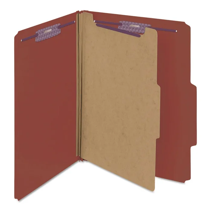 Smead Pressboard Classification Folders, Four SafeSHIELD Fasteners, 2/5-Cut Tabs, 1 Divider, Letter Size, Red, 10/Box