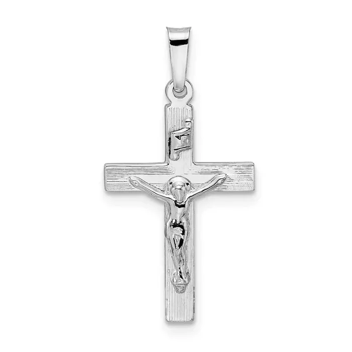 Solid Inri Striped Crucifix Pendant 14k White Gold Polished XR2067