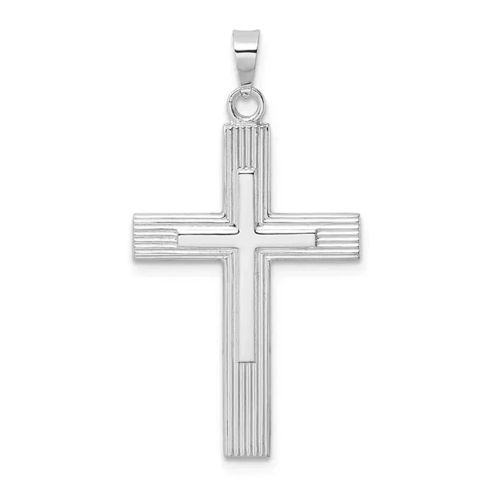 Solid Striped Double Cross Pendant 14k White Gold Polished XR1866