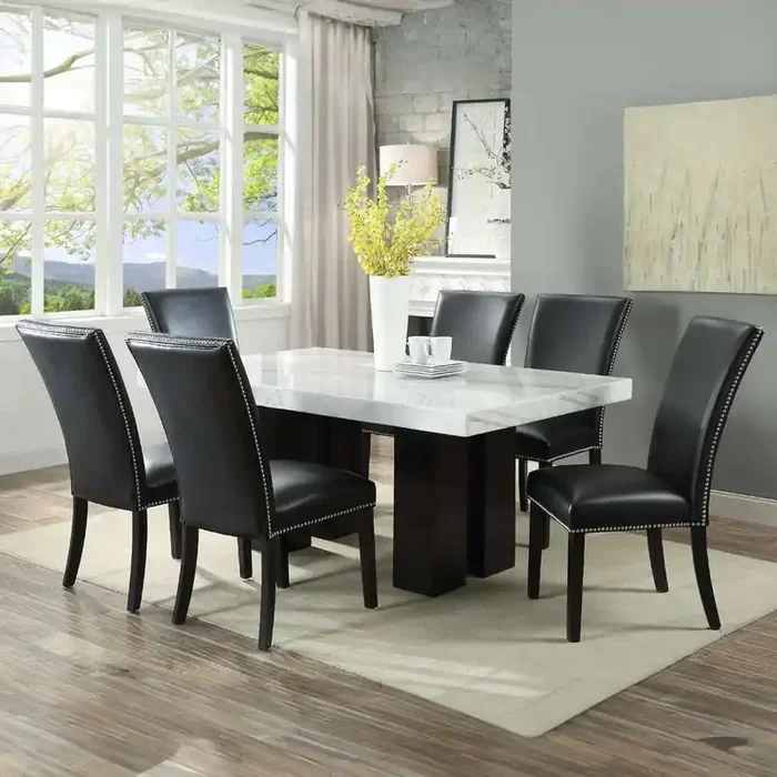Steve Silver – Camila 7PC Rectangle Dining Set Black Chair – White Table Top – CM420WBWTSKN7PC