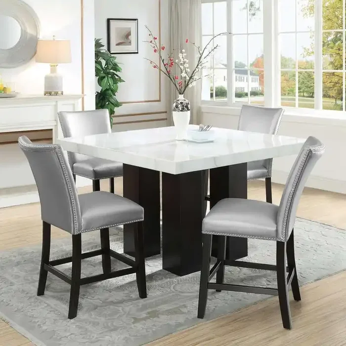 Steve Silver – Camila Square 5PC Counter Set Silver Chair – White Table Top – CM540-C5PC-S