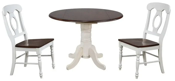 Sunset Trading – Andrews 3 Piece 42 Round Drop Leaf Dining Set In Antique White With Napoleon Chairs – DLU-ADW4242-C50-AW3PC